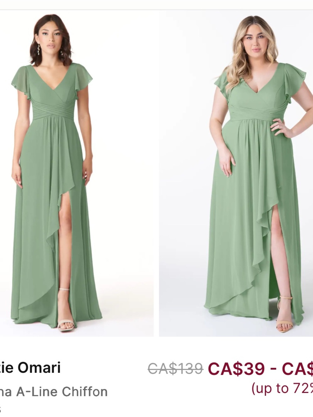 Azazie Omari Matcha Green V-Neck High-Low Chiffon Dress